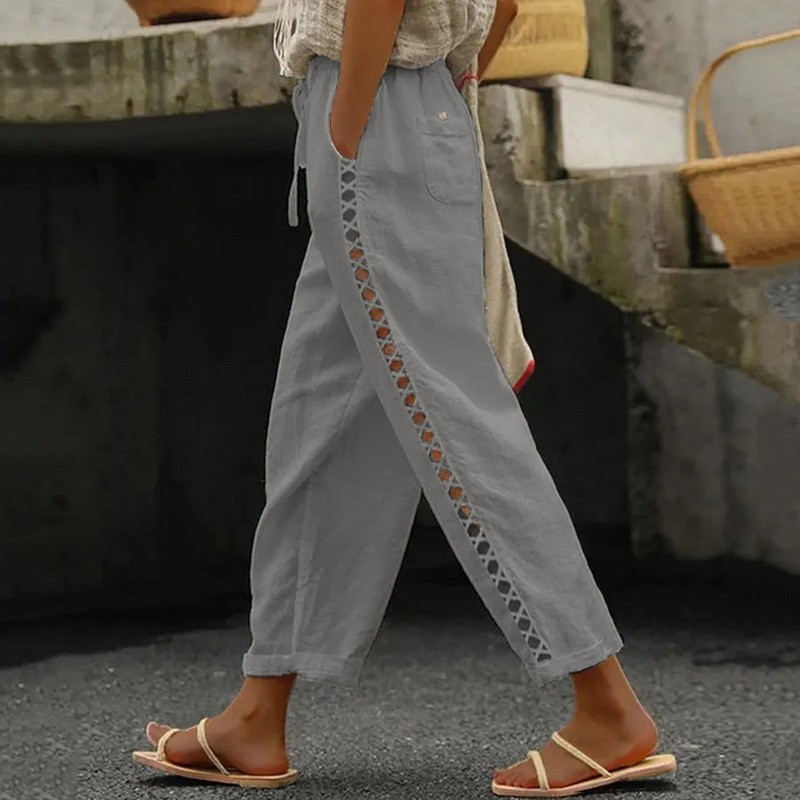 Jaunas sieviešu kokvilnas lina harēma bikses vasaras brīvas mežģīņu šuves dobas bikses Sieviešu vintage platas bikses līdz potītēm