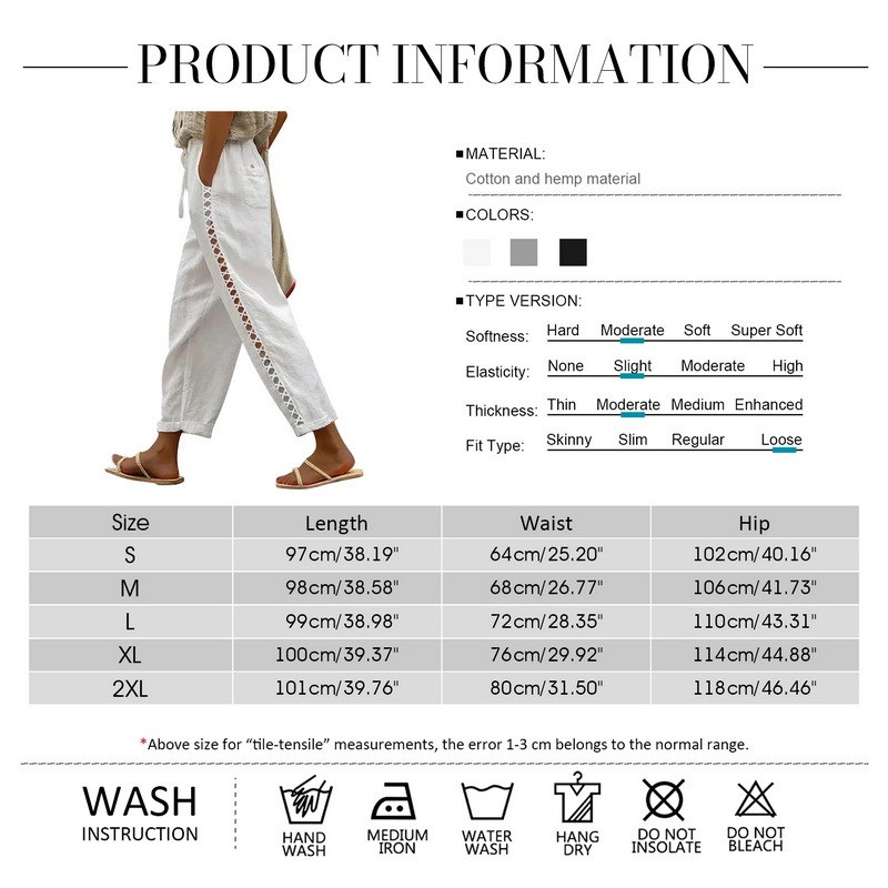 Jaunas sieviešu kokvilnas lina harēma bikses vasaras brīvas mežģīņu šuves dobas bikses Sieviešu vintage platas bikses līdz potītēm