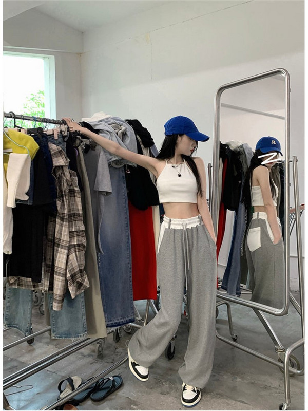 2023-as alkalmi női szürke, széles szárú nadrágok vékony dizájn Sense magas derekú női nadrágok, női nyári bő, egyenes, divatos nadrágbetétek