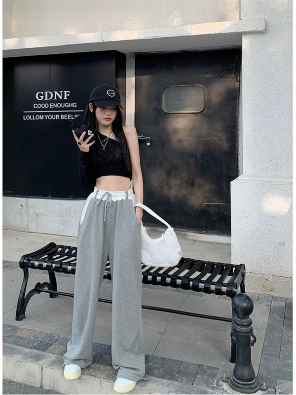 2023-as alkalmi női szürke, széles szárú nadrágok vékony dizájn Sense magas derekú női nadrágok, női nyári bő, egyenes, divatos nadrágbetétek