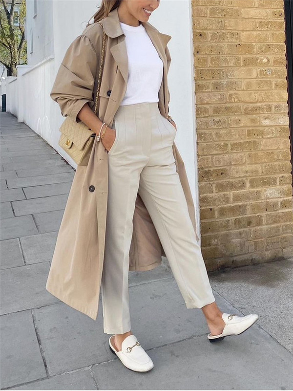 TRAF 2022 Női Nadrág Bézs Magasderekú Női Nadrág Irodai viselet Fekete fehér nadrág Streetwear Többszínű bő nadrág