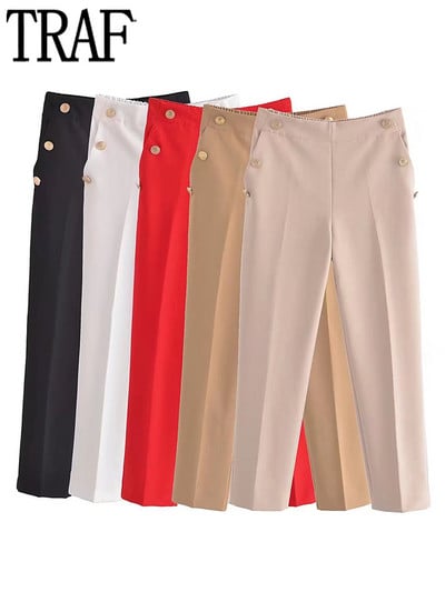 Pantaloni TRAF 2022 cu picior drept pentru femei, cu nasturi metalici, pantaloni pentru femeie, pantaloni de birou cu talie înaltă, pentru femei, pantaloni creion la modă coreeană