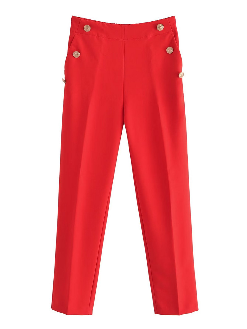 TRAF 2022 sirge säärega püksid, naiste metallist nööbid, naiste püksid, kõrge vöökohaga püksid naistele Korea moepliiatsipüksid