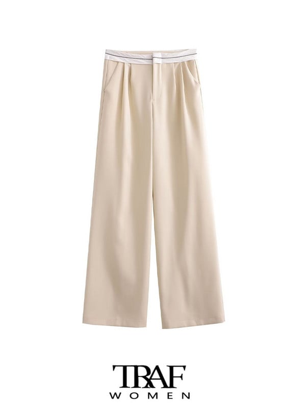 TRAF Sieviešu Modes Sānu kabatas Patchwork Taisnas Bikses Vintage Augsts Viduklis Rāvējslēdzējs Muša Sieviešu bikses Mujer