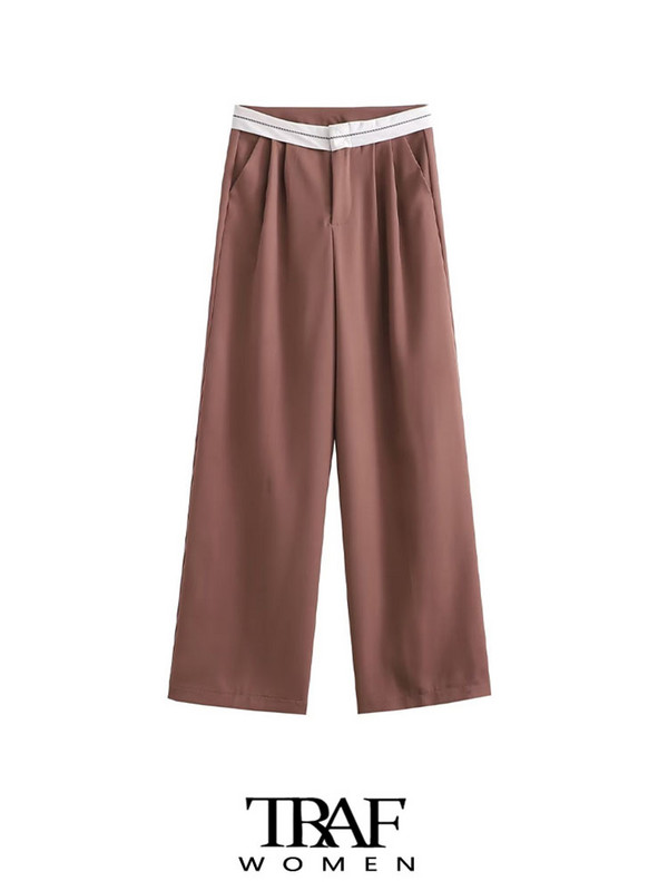 TRAF Sieviešu Modes Sānu kabatas Patchwork Taisnas Bikses Vintage Augsts Viduklis Rāvējslēdzējs Muša Sieviešu bikses Mujer