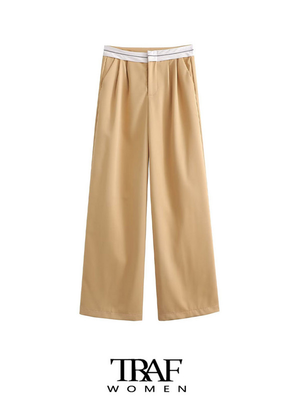 TRAF Sieviešu Modes Sānu kabatas Patchwork Taisnas Bikses Vintage Augsts Viduklis Rāvējslēdzējs Muša Sieviešu bikses Mujer