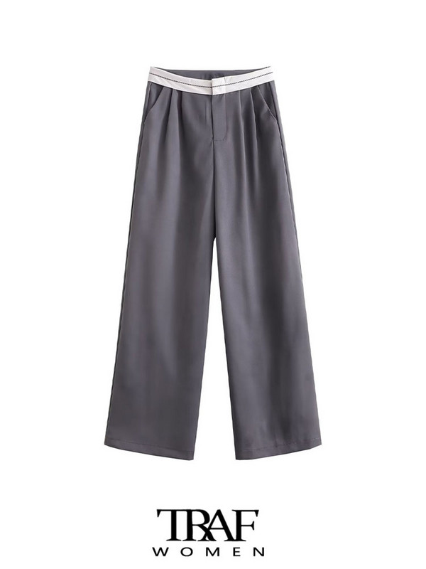 TRAF Sieviešu Modes Sānu kabatas Patchwork Taisnas Bikses Vintage Augsts Viduklis Rāvējslēdzējs Muša Sieviešu bikses Mujer