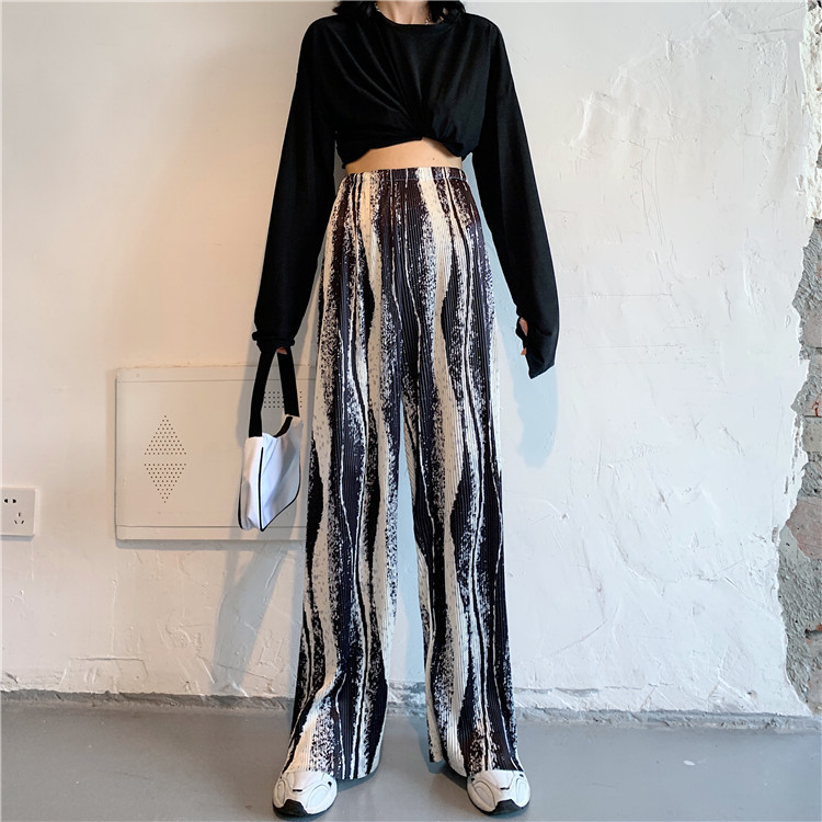 tavaszi nyár új női széles szárú nadrág magas derekú redőzött kendővel nyomtatott nadrág nyakkendős felmosás alkalmi nadrág női nadrág