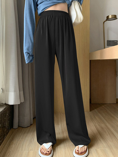 Καλοκαίρι 2023 Φαρδύ παντελόνι από σατέν πράσινο μεταξωτό για γυναίκες Παντελόνι με φαρδύ πόδι ψηλόμεσο Ροζ μαλακό κορίτσι φαρδύ ίσιο παντελόνι στοιβαγμένο νέο