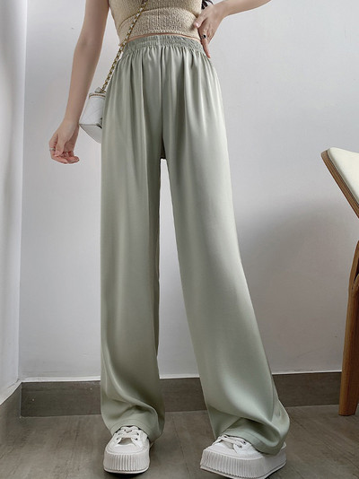Καλοκαίρι 2023 Φαρδύ παντελόνι από σατέν πράσινο μεταξωτό για γυναίκες Παντελόνι με φαρδύ πόδι ψηλόμεσο Ροζ μαλακό κορίτσι φαρδύ ίσιο παντελόνι στοιβαγμένο νέο