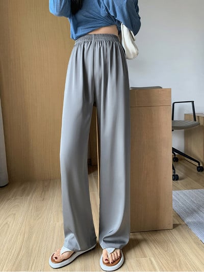 Καλοκαίρι 2023 Φαρδύ παντελόνι από σατέν πράσινο μεταξωτό για γυναίκες Παντελόνι με φαρδύ πόδι ψηλόμεσο Ροζ μαλακό κορίτσι φαρδύ ίσιο παντελόνι στοιβαγμένο νέο