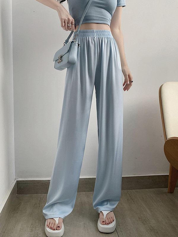 Καλοκαίρι 2023 Φαρδύ παντελόνι από σατέν πράσινο μεταξωτό για γυναίκες Παντελόνι με φαρδύ πόδι ψηλόμεσο Ροζ μαλακό κορίτσι φαρδύ ίσιο παντελόνι στοιβαγμένο νέο