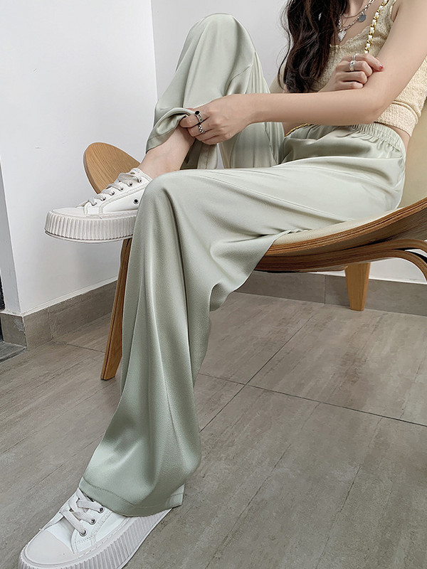 Καλοκαίρι 2023 Φαρδύ παντελόνι από σατέν πράσινο μεταξωτό για γυναίκες Παντελόνι με φαρδύ πόδι ψηλόμεσο Ροζ μαλακό κορίτσι φαρδύ ίσιο παντελόνι στοιβαγμένο νέο