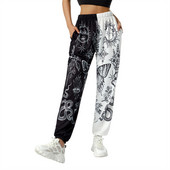 Sieviešu Boho hipiju harēma bikses ar augstu smocked vidukli ar apdruku raibs sporta bikses Yoga 90S Goth baggy ikdienas bikses