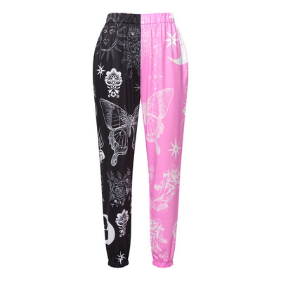 Sieviešu Boho hipiju harēma bikses ar augstu smocked vidukli ar apdruku raibs sporta bikses Yoga 90S Goth baggy ikdienas bikses