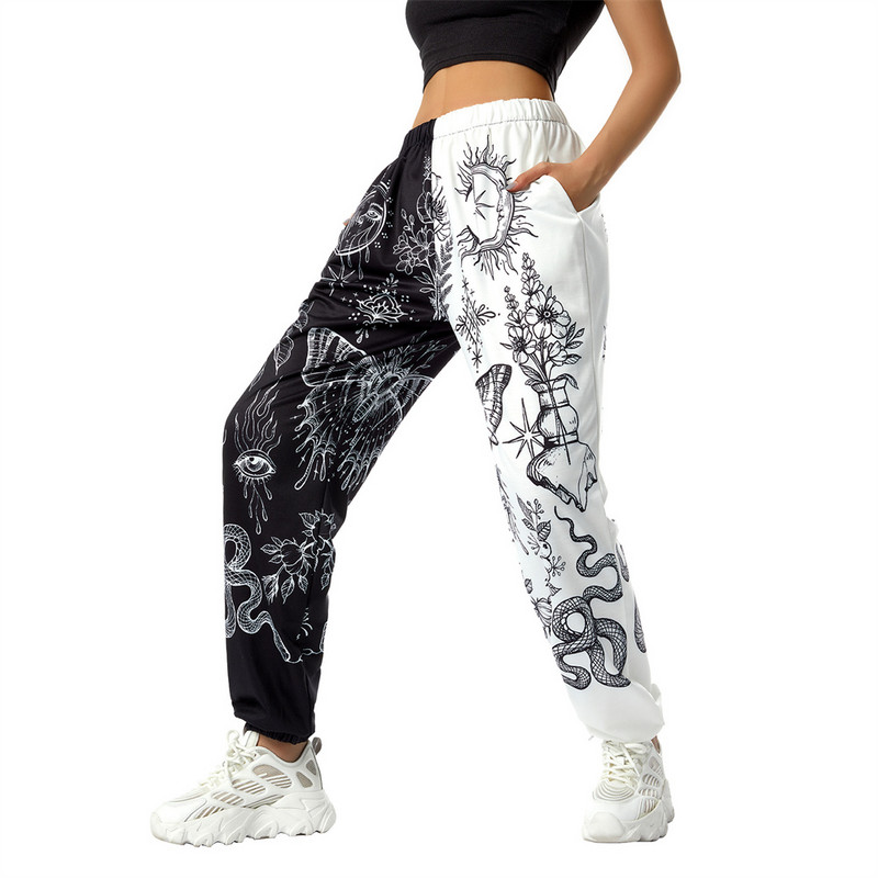 Sieviešu Boho hipiju harēma bikses ar augstu smocked vidukli ar apdruku raibs sporta bikses Yoga 90S Goth baggy ikdienas bikses