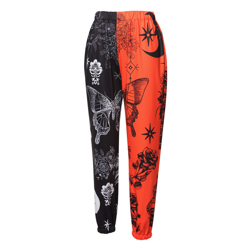 Sieviešu Boho hipiju harēma bikses ar augstu smocked vidukli ar apdruku raibs sporta bikses Yoga 90S Goth baggy ikdienas bikses