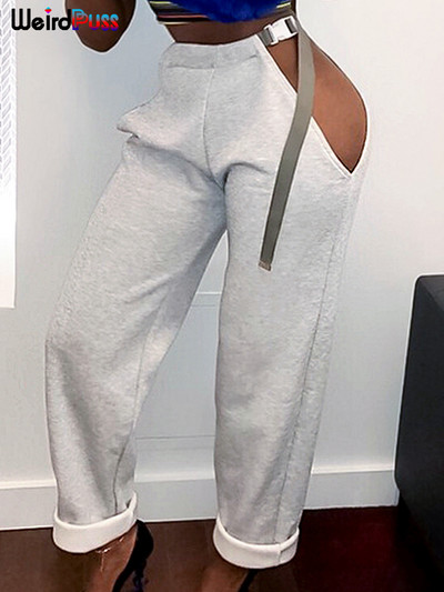 Furcsa punci, két oldalon üreges egyenes nadrág női egyszínű öv szexi nadrág magas derekú Trend utcai csípő bő vad alsó