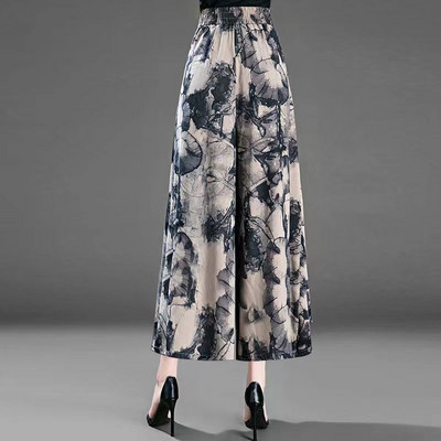 Sieviešu apģērbi Korejiešu apdruka Šifons ar augstu vidukli, brīvas bikses Vasaras biroja dāma ar ziediem, plānas platas kājas Sieviešu liela izmēra bikses