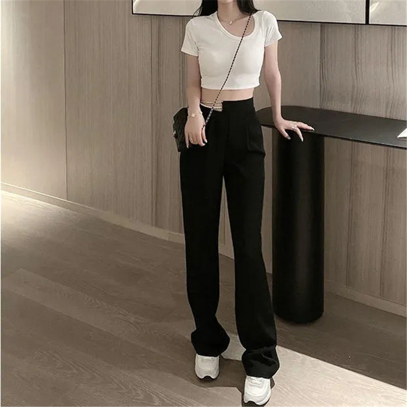 Kivehető Faux Pearl strasszos Chan fekete öltöny nadrág koreai gótikus magas derekú egyenes szárú nadrág Harajuku női Y2k nadrág