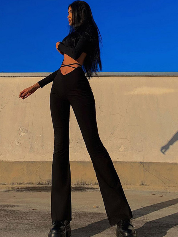 Παντελόνι Flare E Girl Style Sexy Strechy Παντελόνι Γυναικείο Lace Up V Waist Μαύρο παντελόνι Harajuku