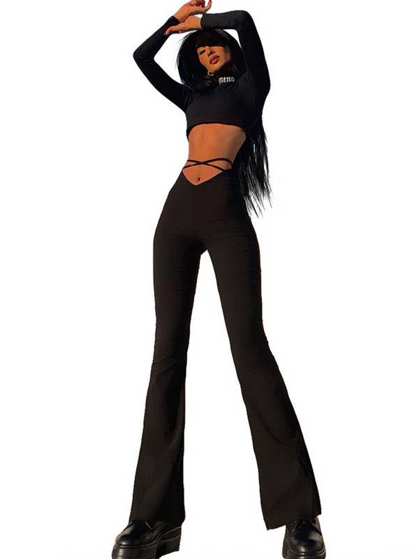 Παντελόνι Flare E Girl Style Sexy Strechy Παντελόνι Γυναικείο Lace Up V Waist Μαύρο παντελόνι Harajuku