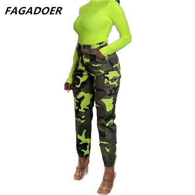 FAGADOER Camouflage Cargo bikses ar augstu vidukli, elastīgs, stilīgs, stilīgs, stilīgs, stilīgs, stilīgs meitenes apģērbs, armija, zaļi džinsi, sieviešu bikses, 2021. gada rudens ielas apģērbs