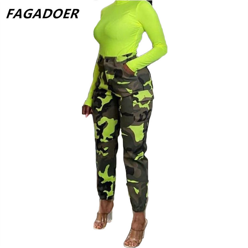 FAGADOER Camouflage Cargo bikses ar augstu vidukli, elastīgs, stilīgs, stilīgs, stilīgs, stilīgs, stilīgs meitenes apģērbs, armija, zaļi džinsi, sieviešu bikses, 2021. gada rudens ielas apģērbs