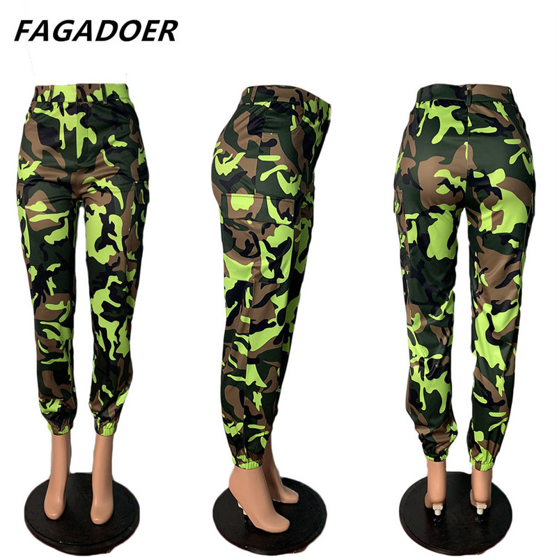 FAGADOER Camouflage Cargo bikses ar augstu vidukli, elastīgs, stilīgs, stilīgs, stilīgs, stilīgs, stilīgs meitenes apģērbs, armija, zaļi džinsi, sieviešu bikses, 2021. gada rudens ielas apģērbs
