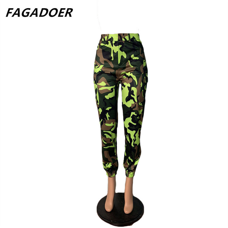 FAGADOER Camouflage Cargo bikses ar augstu vidukli, elastīgs, stilīgs, stilīgs, stilīgs, stilīgs, stilīgs meitenes apģērbs, armija, zaļi džinsi, sieviešu bikses, 2021. gada rudens ielas apģērbs