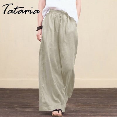 Дамски плътни памучни ленени панталони с широки крачоли harajuku Ежедневни широки панталони с висока талия, широки джобове, летни дълги панталони 4XL 5XL