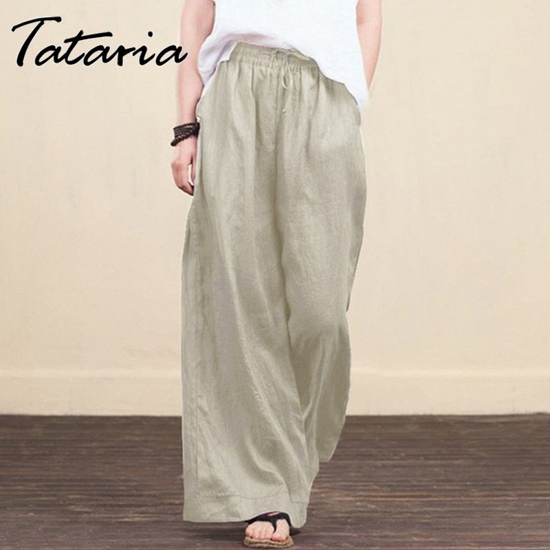 Дамски плътни памучни ленени панталони с широки крачоли harajuku Ежедневни широки панталони с висока талия, широки джобове, летни дълги панталони 4XL 5XL