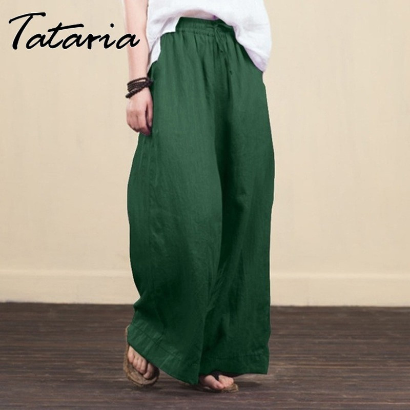 Дамски плътни памучни ленени панталони с широки крачоли harajuku Ежедневни широки панталони с висока талия, широки джобове, летни дълги панталони 4XL 5XL