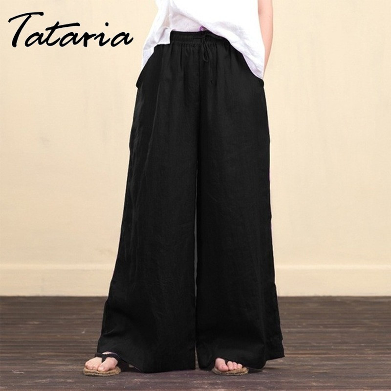 Дамски плътни памучни ленени панталони с широки крачоли harajuku Ежедневни широки панталони с висока талия, широки джобове, летни дълги панталони 4XL 5XL