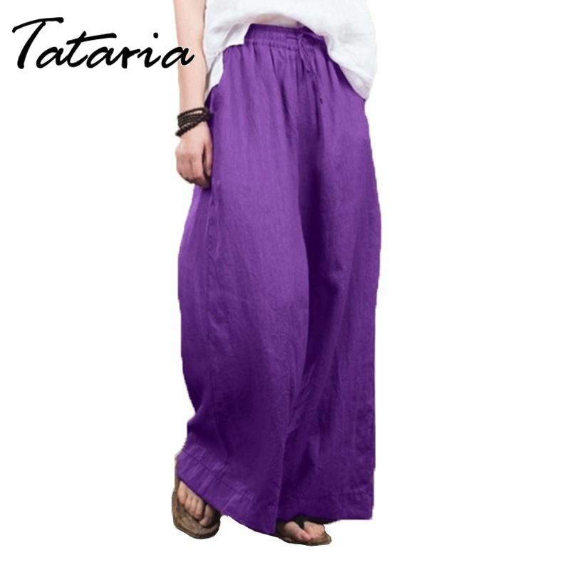 Дамски плътни памучни ленени панталони с широки крачоли harajuku Ежедневни широки панталони с висока талия, широки джобове, летни дълги панталони 4XL 5XL