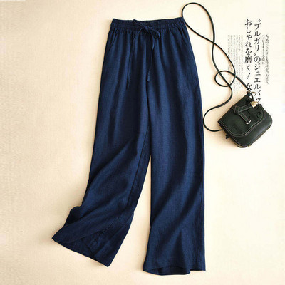 Művészi stílusú, laza, laza pamutvászon női nadrágok tömör, elasztikus, magas derékú, húzózsinóros kendővel, széles lábszárú Utcai viselet, női melegítőnadrág