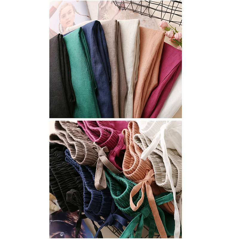 Művészi stílusú, laza, laza pamutvászon női nadrágok tömör, elasztikus, magas derékú, húzózsinóros kendővel, széles lábszárú Utcai viselet, női melegítőnadrág