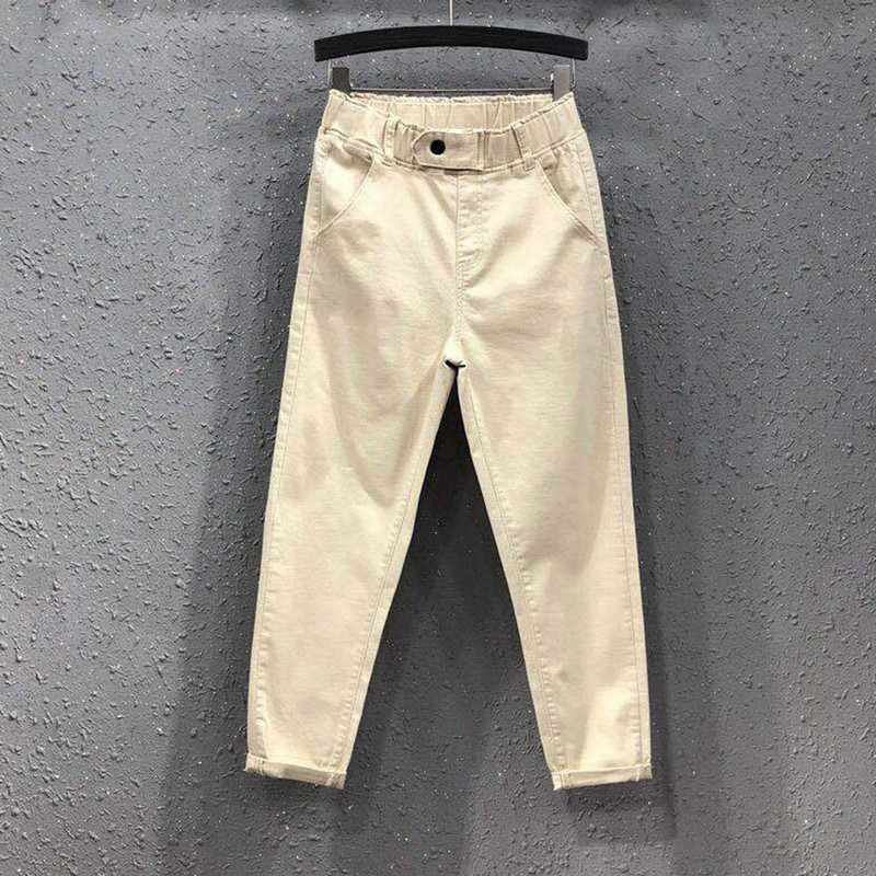 Modne ženske jednobojne široke harem hlače Usklađene ležerne pamučne traper hlače s elastičnim strukom Žute bijele traperice