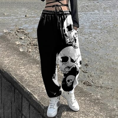 Roosad Skull Head Printiga dressipüksid Naistele Sügisene kottis Mood Oversize Jooksupüksid Halloweeni püksid Naiste Joggers Street