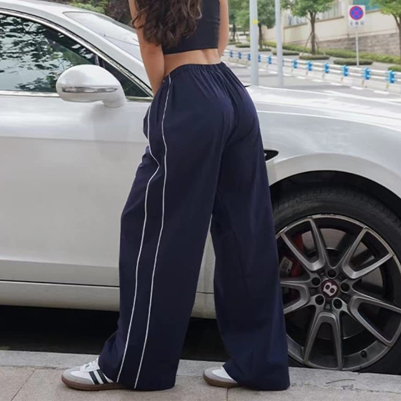 Pantaloni cargo largi Y2K Pantaloni de sport largi, elastici, cu talie înaltă, Harajuku, Hip Hop, drepti, cu picioare largi, negru, albastru
