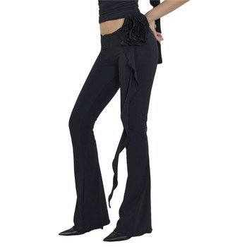 Xingqing y2k παντελόνι με φουσκωτό γυναικείο μονόχρωμο παντελόνι με καμπάνα χαμηλή μέση με 3D λουλούδι 2000s Αισθητικό παντελόνι Casual Streetwear