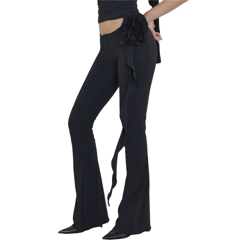 Xingqing y2k kiszélesedő női nadrág, egyszínű, alacsony derékú, csengő alsó 3D virággal, 2000-es évek esztétikus nadrágja alkalmi utcai viselet