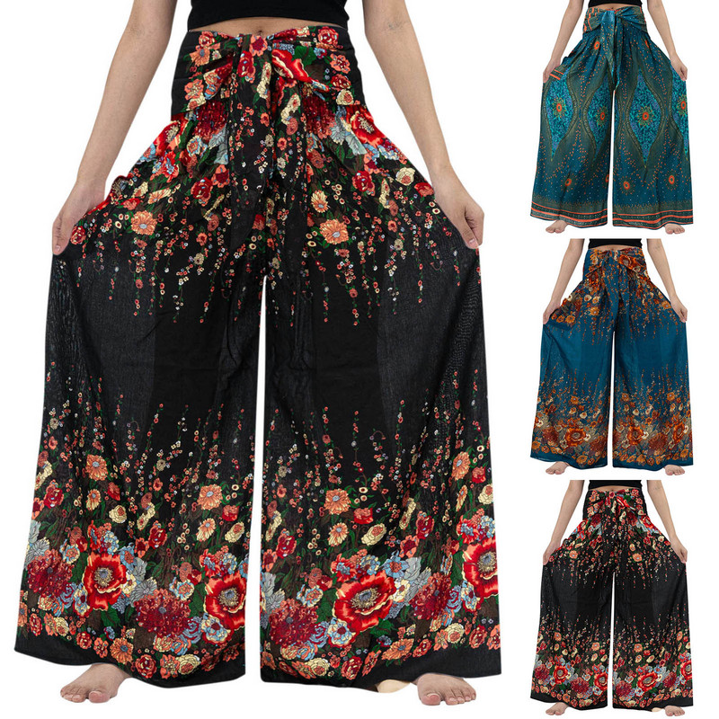 Vasaros boho moteriškos plačios kojos haremo kelnės Čigonų hipių Indijos Tailandas Bohemijos Palazzo kelnės smocked juosmens Aladdin kelnės