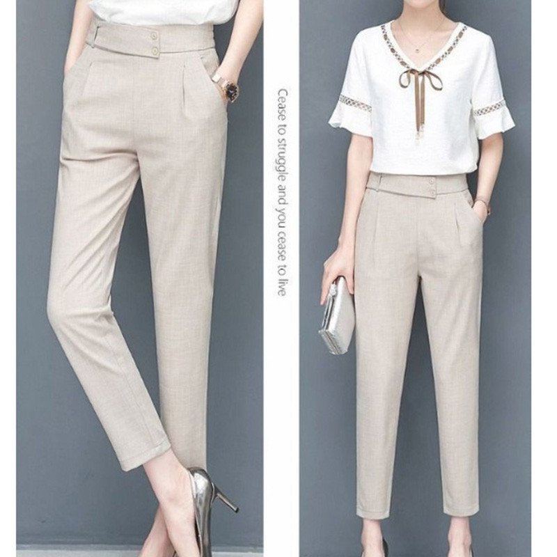 Női pamutvászon imitációja, magas derekú, csíkos mintás öltönynadrág Nyári vékony irodai női két csatos bő alkalmi nadrág