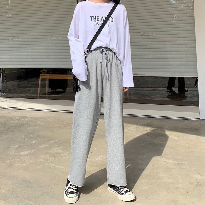 Masszív nadrágok női széles szárú elasztikus derékkötés Új laza, egyszerű iskolás lányok, légáteresztő puha, rugalmas, összjátékos Ulzzang divatos