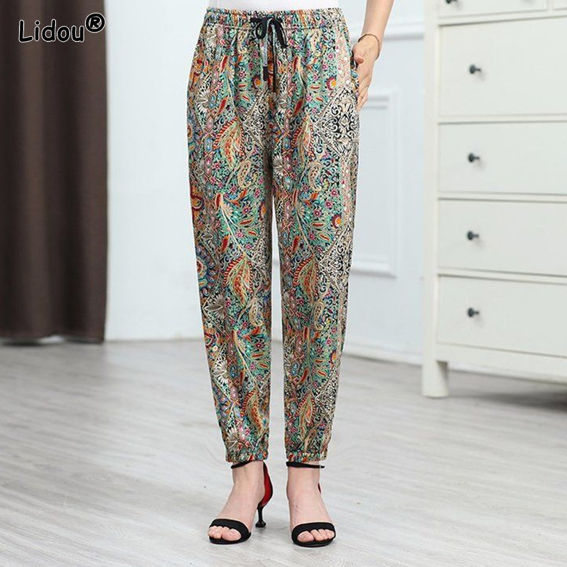 Brīvs elastīgs viduklis Pavasaris Vasara Plānas Aplikācijas Kabatas Šņorējamas Sieviešu Apģērbs Kamuflāža Ikdienas Bohemia Bikses Līdz potītēm