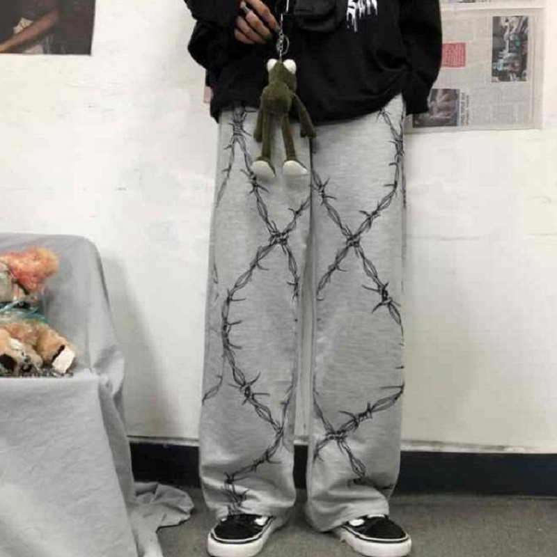 HOUZHOU Harajuku Streetwear Grunge széles szárú nadrágok női túlméretezett hippi mintás nadrágok női kocogók melegítőnadrágok bő retro