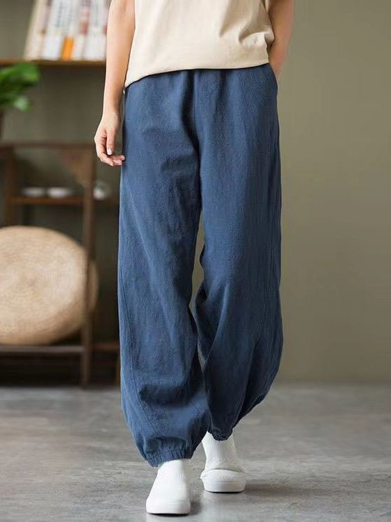 100% pamut női nadrágok tavaszi nyár egyszínű Retro Bloomers divatos sokoldalú női nadrágok magas derekú, laza alkalmi nadrágok