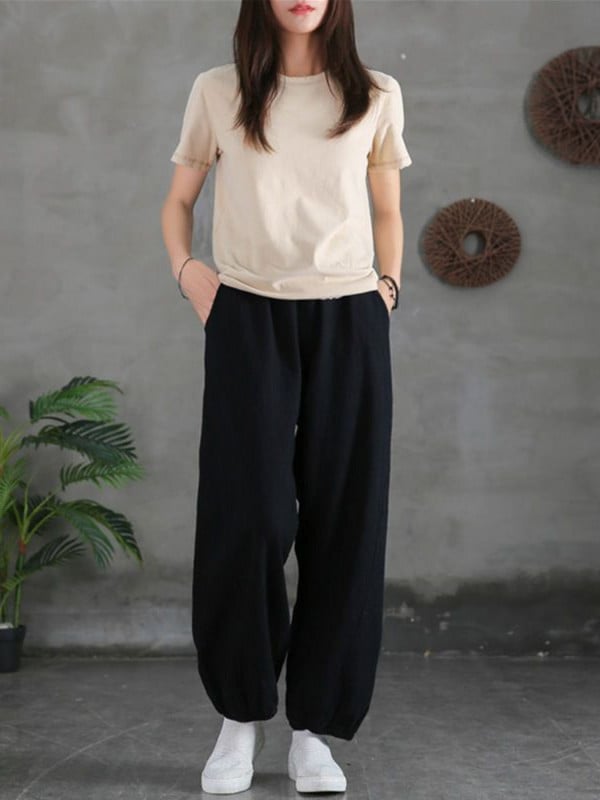 100% pamut női nadrágok tavaszi nyár egyszínű Retro Bloomers divatos sokoldalú női nadrágok magas derekú, laza alkalmi nadrágok