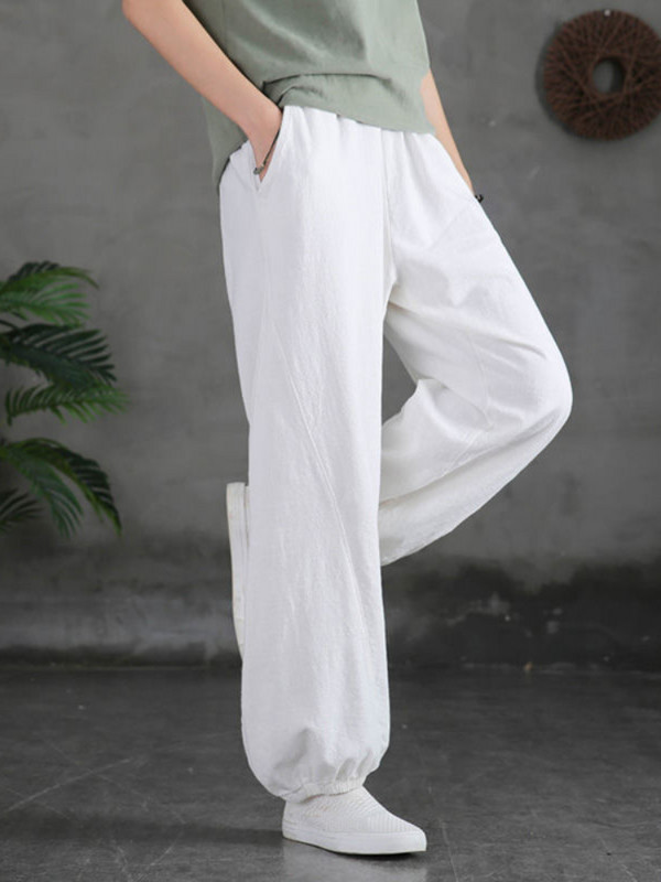 100% pamut női nadrágok tavaszi nyár egyszínű Retro Bloomers divatos sokoldalú női nadrágok magas derekú, laza alkalmi nadrágok